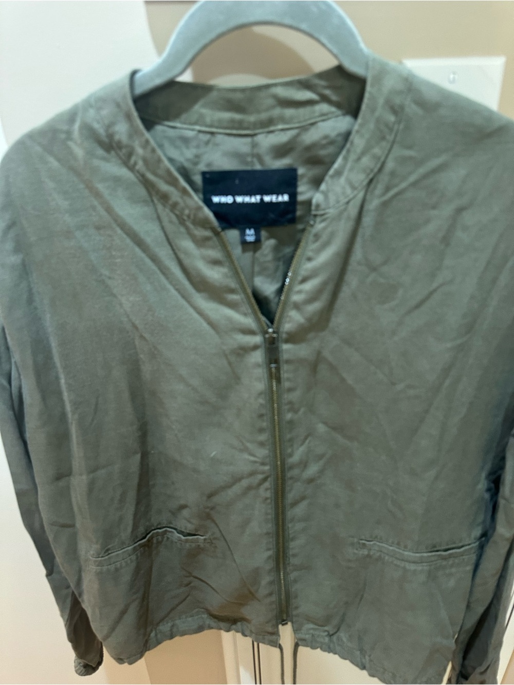 Who What Wear Olive Bomber Jacket with Drawstring Hem